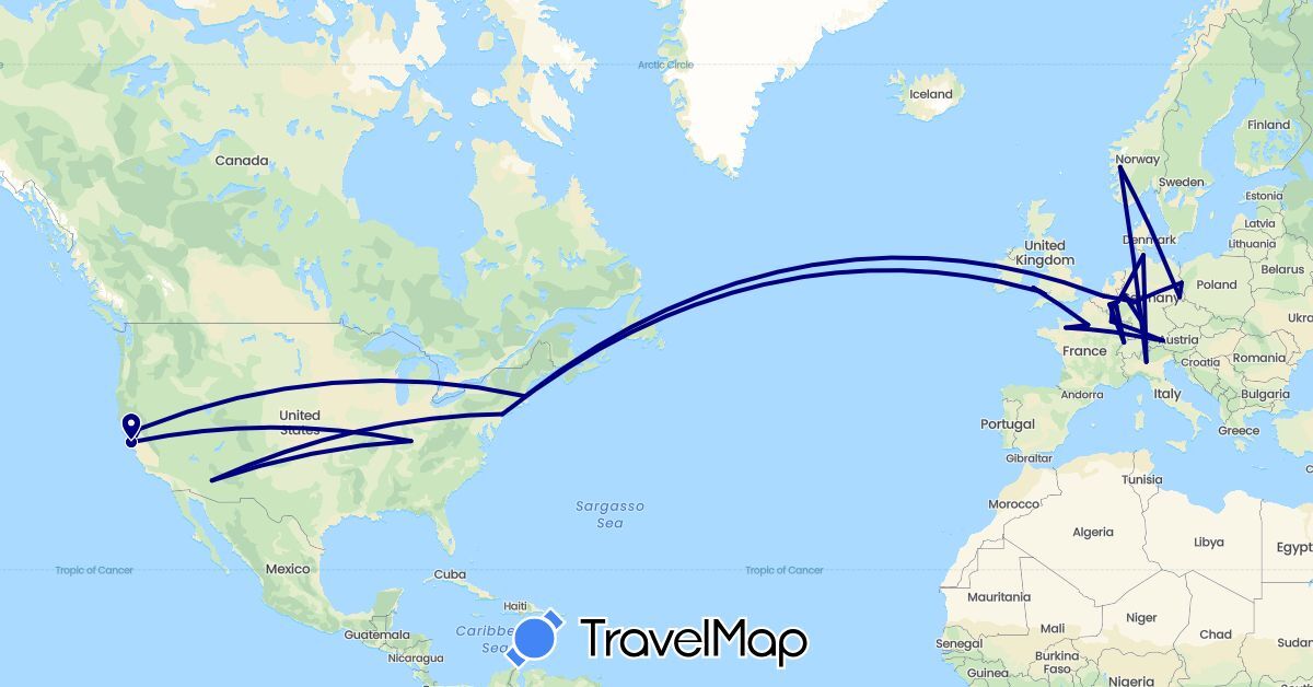 TravelMap itinerary: driving in Belgium, Germany, France, United Kingdom, Italy, Norway, United States (Europe, North America)